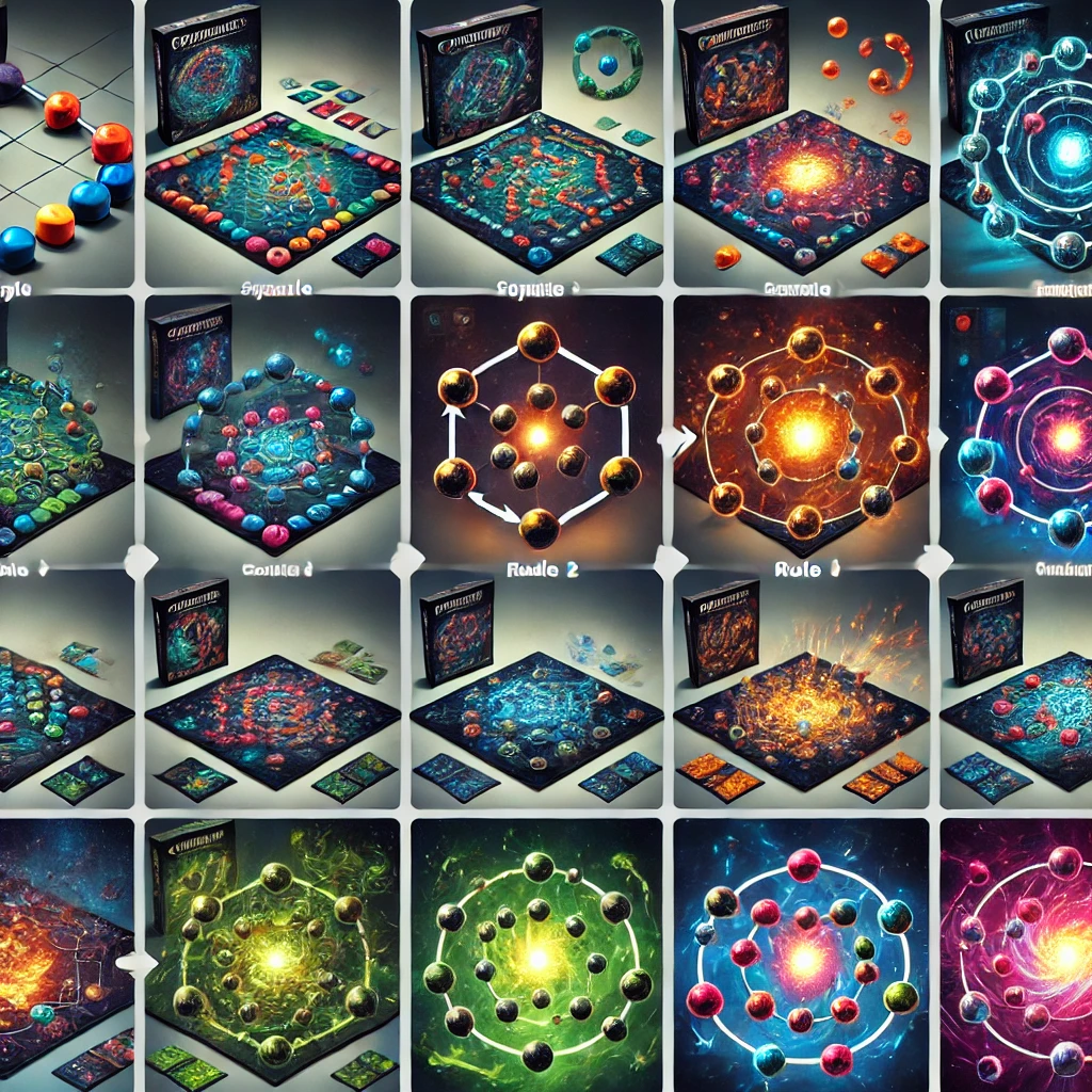 Collage of different game setups and rule combinations, illustrating the vast variety of possible game configurations