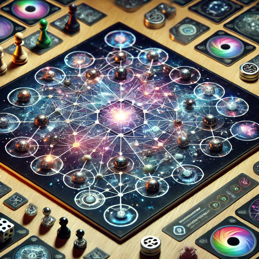 Abstract visualization of neural networks overlaid on game pieces, suggesting AI-inspired learning and growth through gameplay