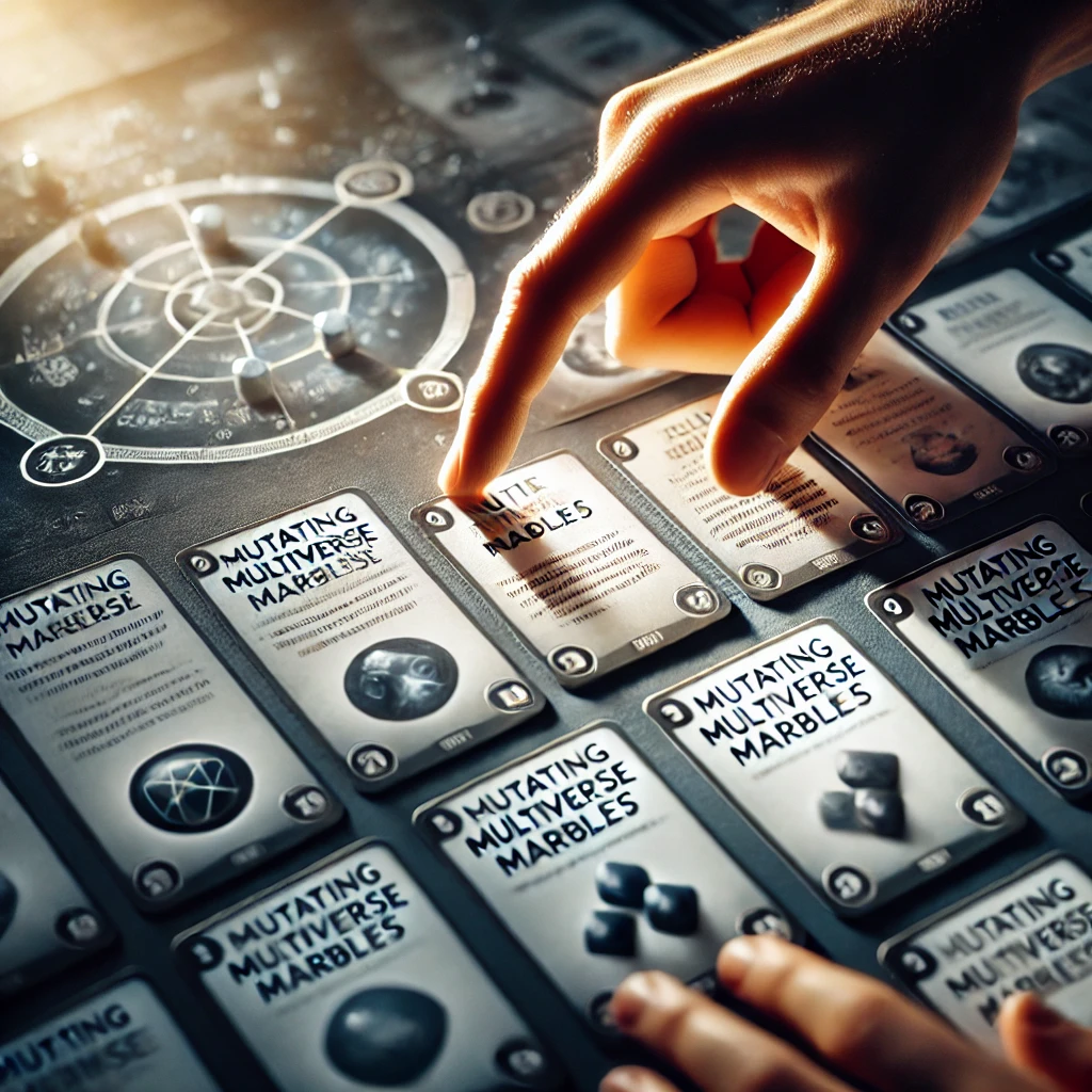 Close-up of hands selecting a rule card, showcasing the strategic decision-making process in changing game rules