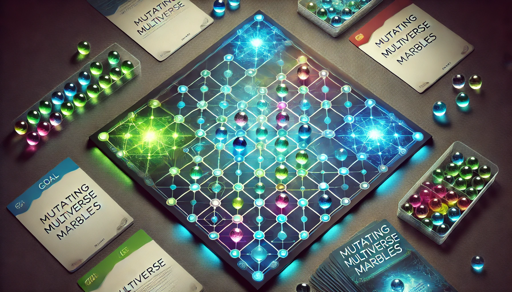 Mutating Multiverse Marbles game setup: A glowing game board with a network of interconnected nodes and colorful translucent marbles. Surrounding the board are rule cards and additional game pieces, showcasing the game's complexity and appeal.
